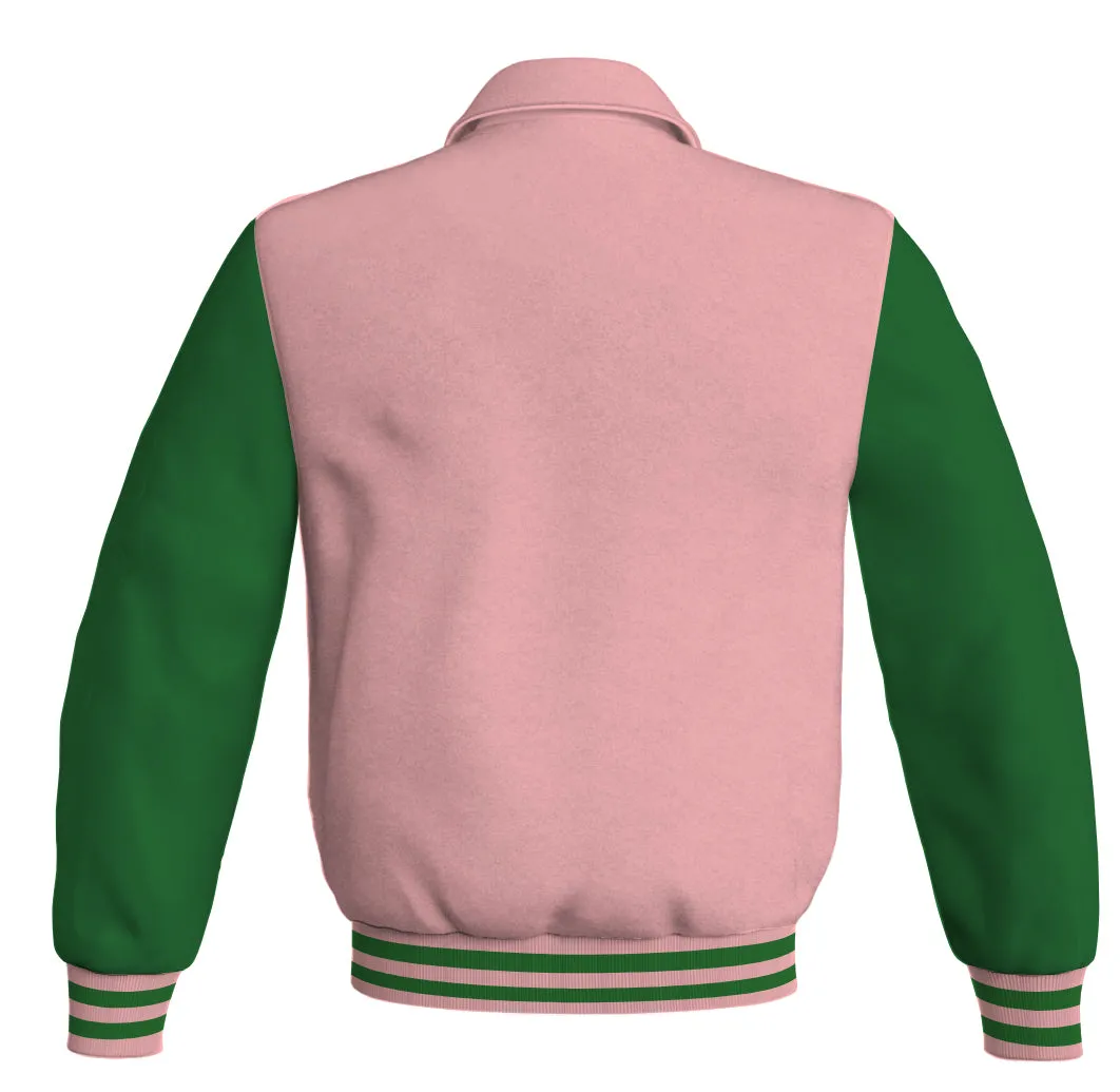 Luxury Bomber Classic Jacket Pink Body and Green Leather Sleeves