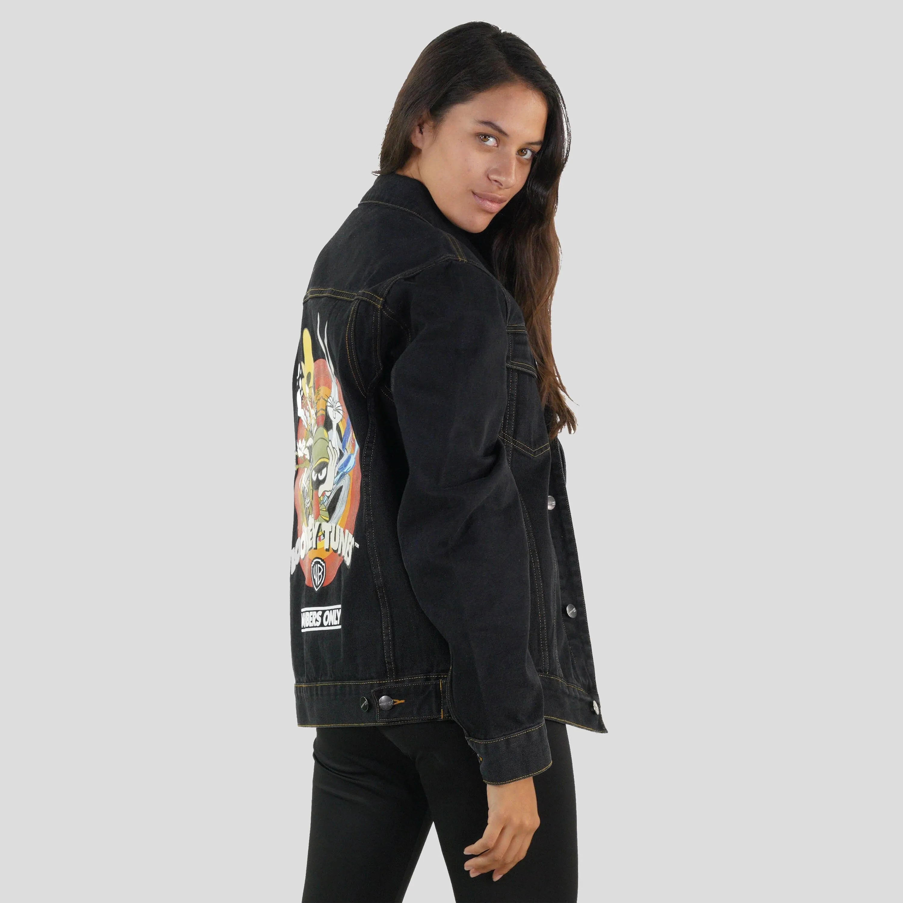 Members Only Women's Looney Tunes Denim Trucker Oversized Jacket