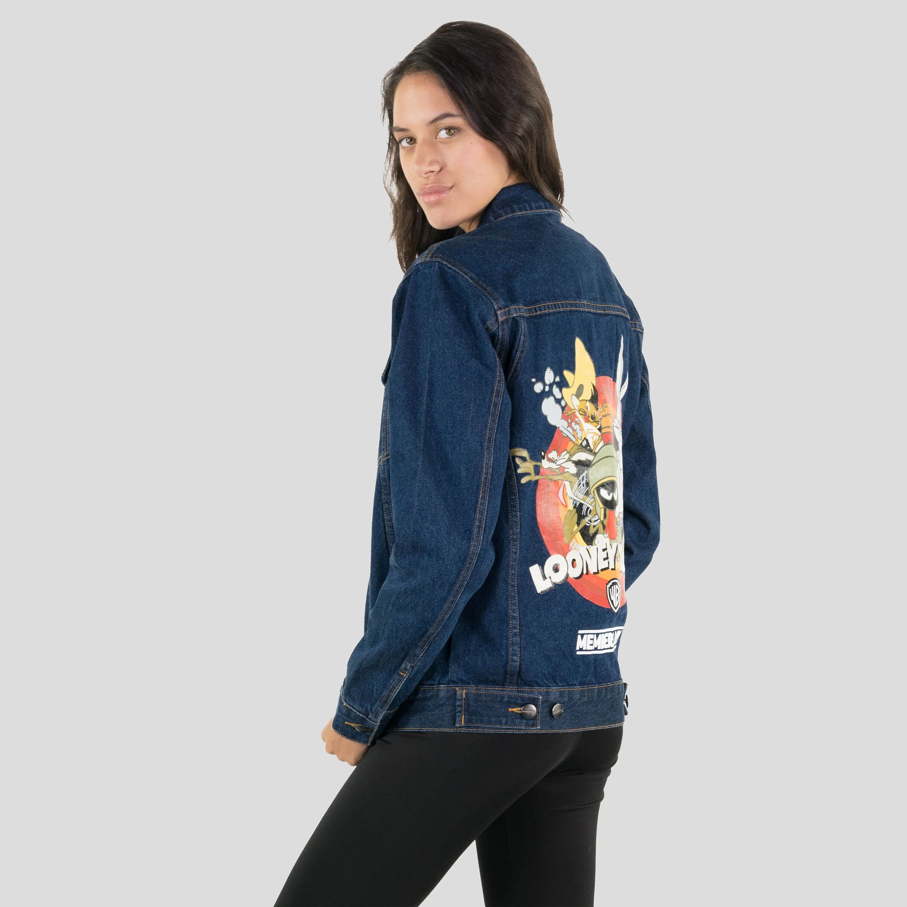 Members Only Women's Looney Tunes Denim Trucker Oversized Jacket