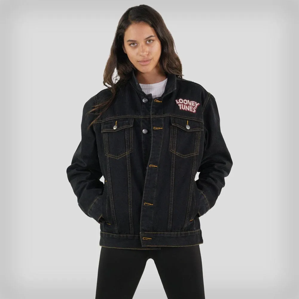 Members Only Women's Looney Tunes Denim Trucker Oversized Jacket