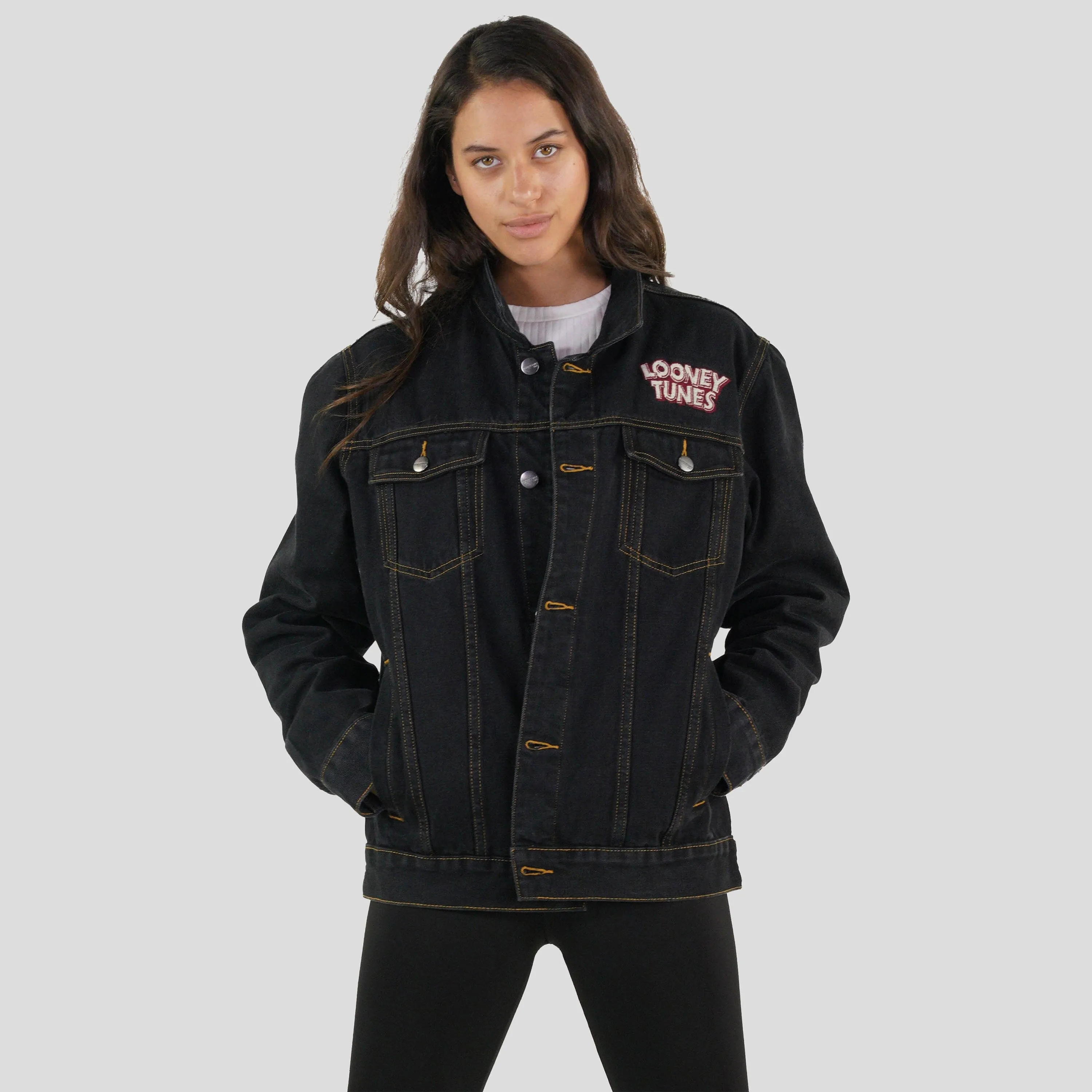 Members Only Women's Looney Tunes Denim Trucker Oversized Jacket