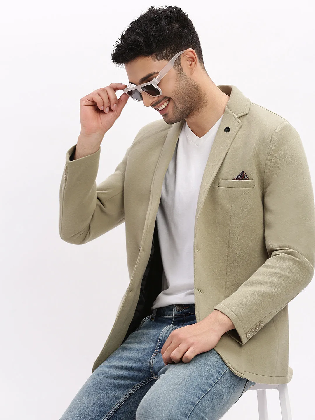 Men Solid Green Single Breasted Blazer