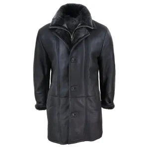 Mens 3/4 Duffle Jacket Real Sheepskin Long Smart Casual Button Zip Warm