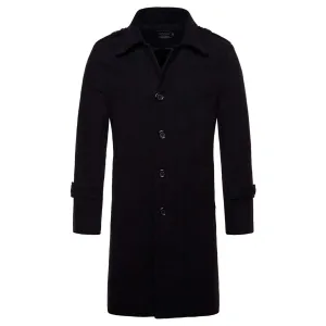 Men's Coat Long Slim Fit Winter Coat Solid Color with Flap Collar Black