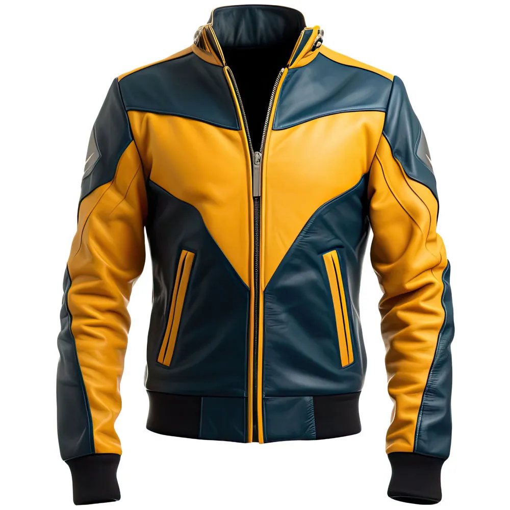 Men’s Mustard-Yellow-Blue Genuine Sheepskin Leather Jacket