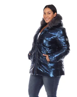 Metallic Puffer Coat with Hoodie | Navy