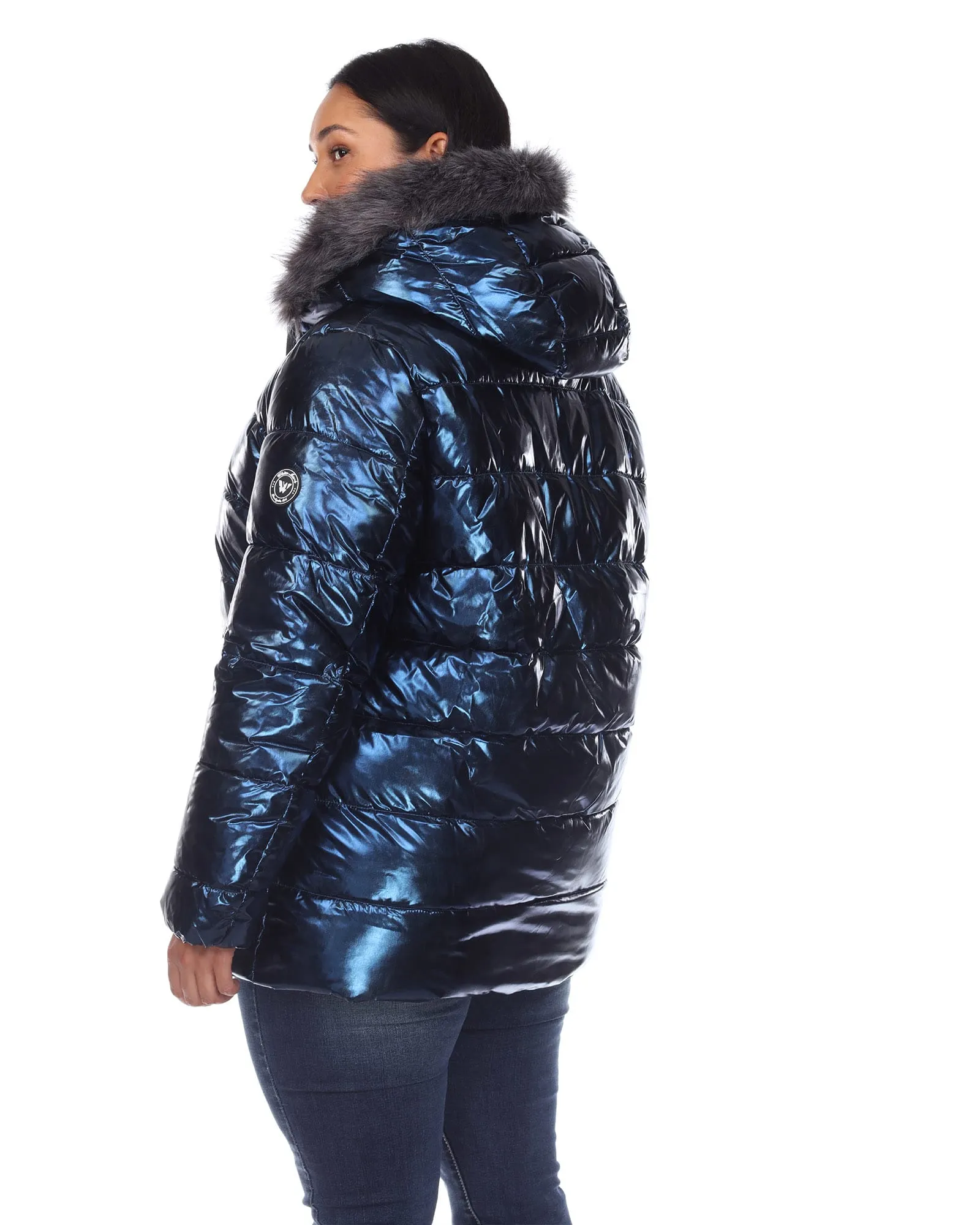 Metallic Puffer Coat with Hoodie | Navy