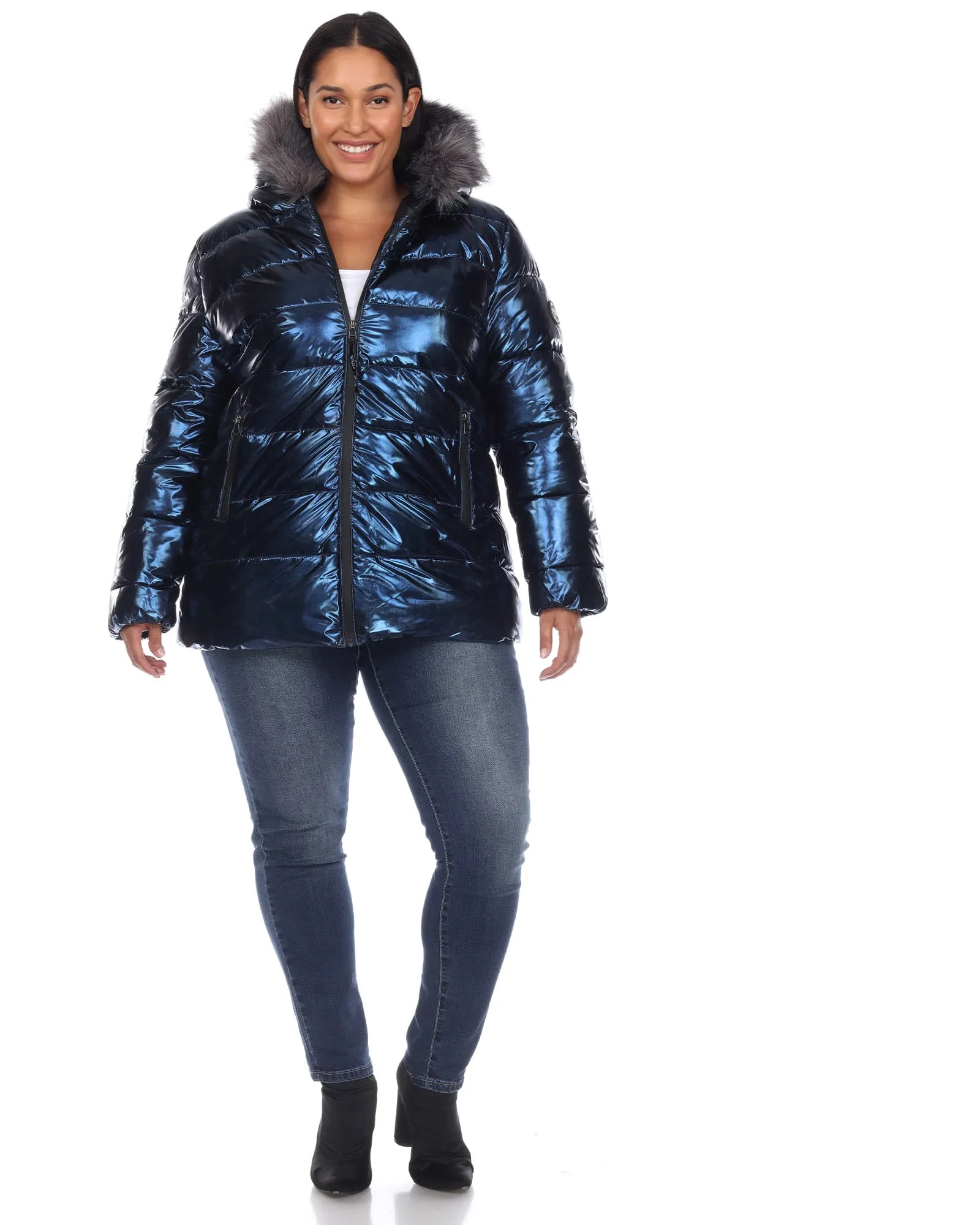 Metallic Puffer Coat with Hoodie | Navy