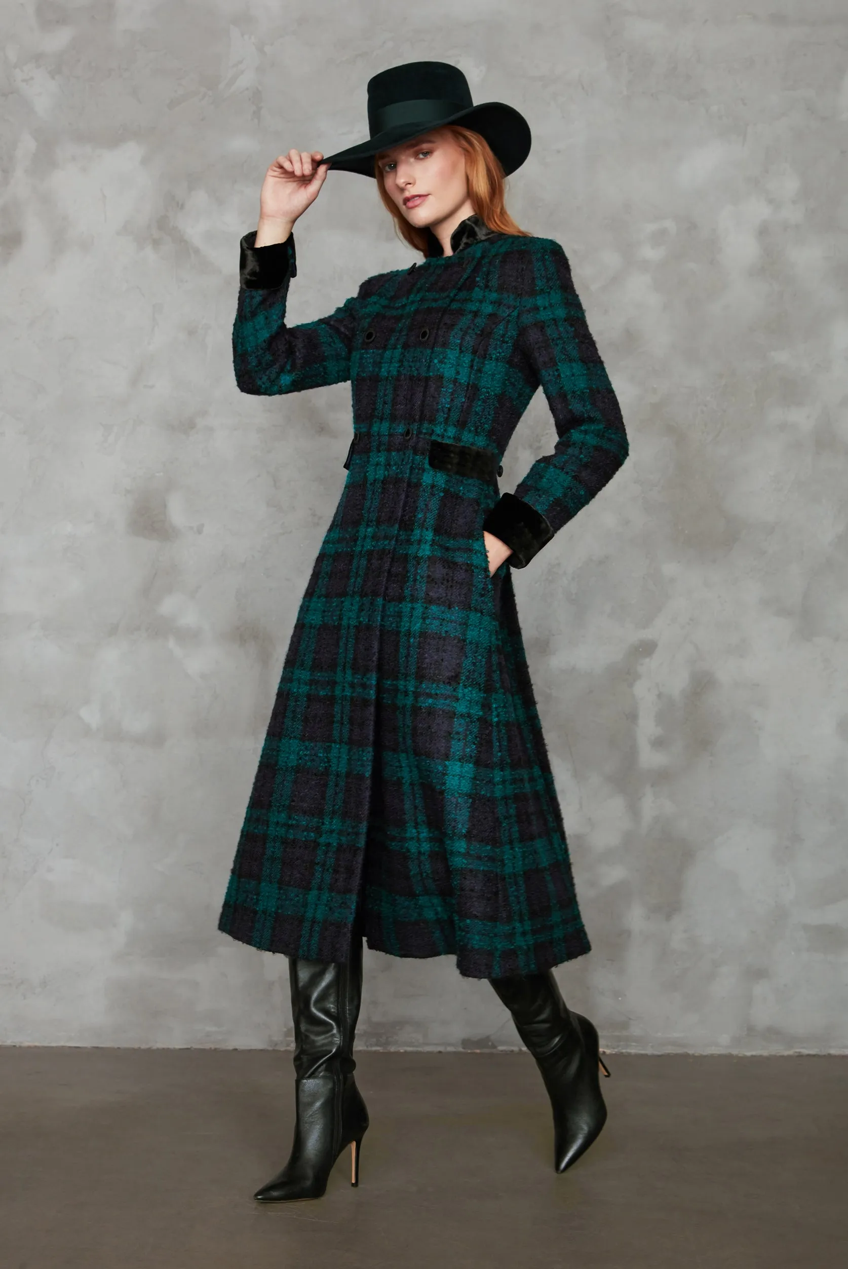 Midi-length Winter Coat in Black Watch Bouclé Tweed - Dashwood