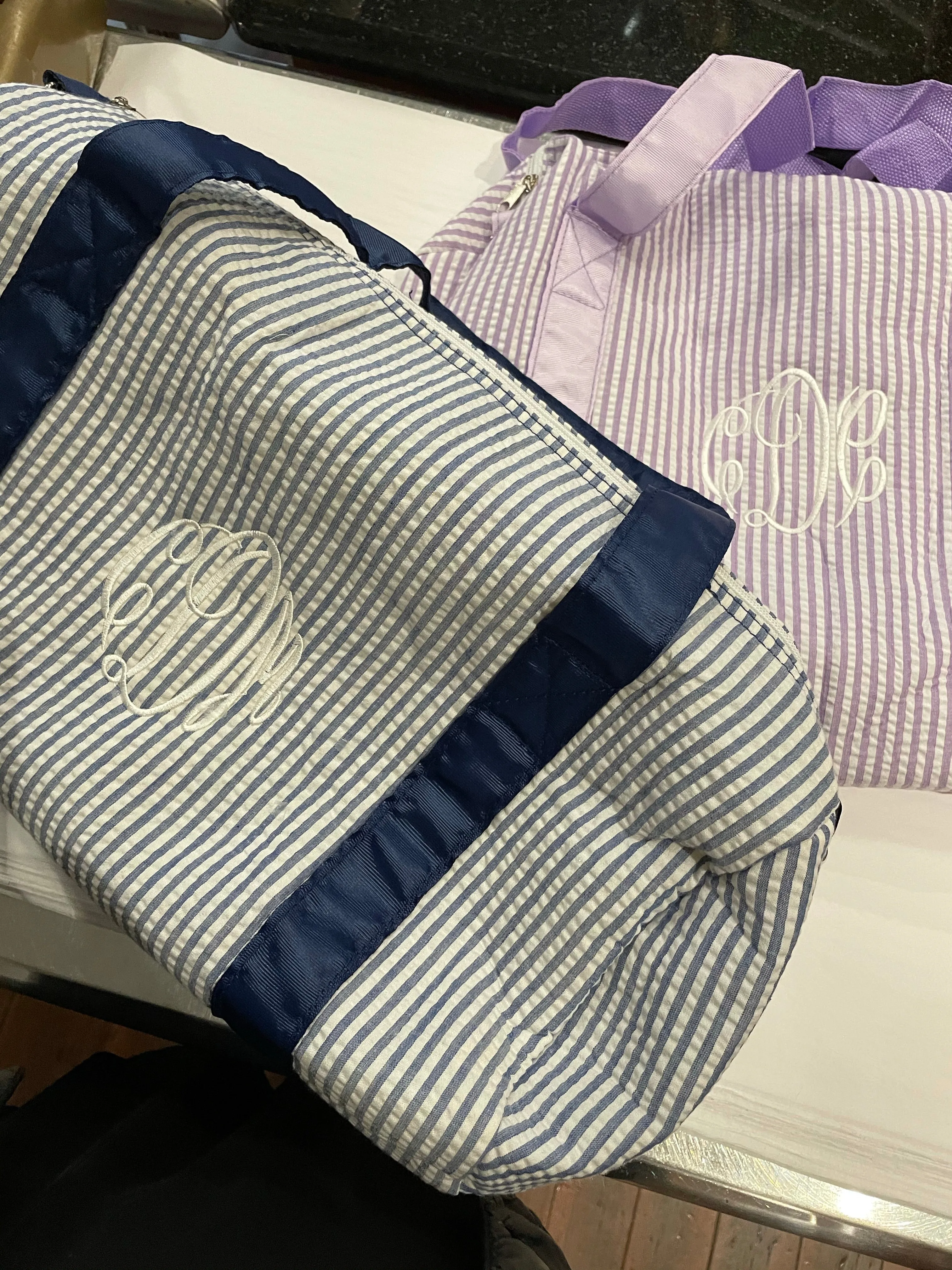 MONOGRAM LT BLUE SEERSUCKER DUFFLE