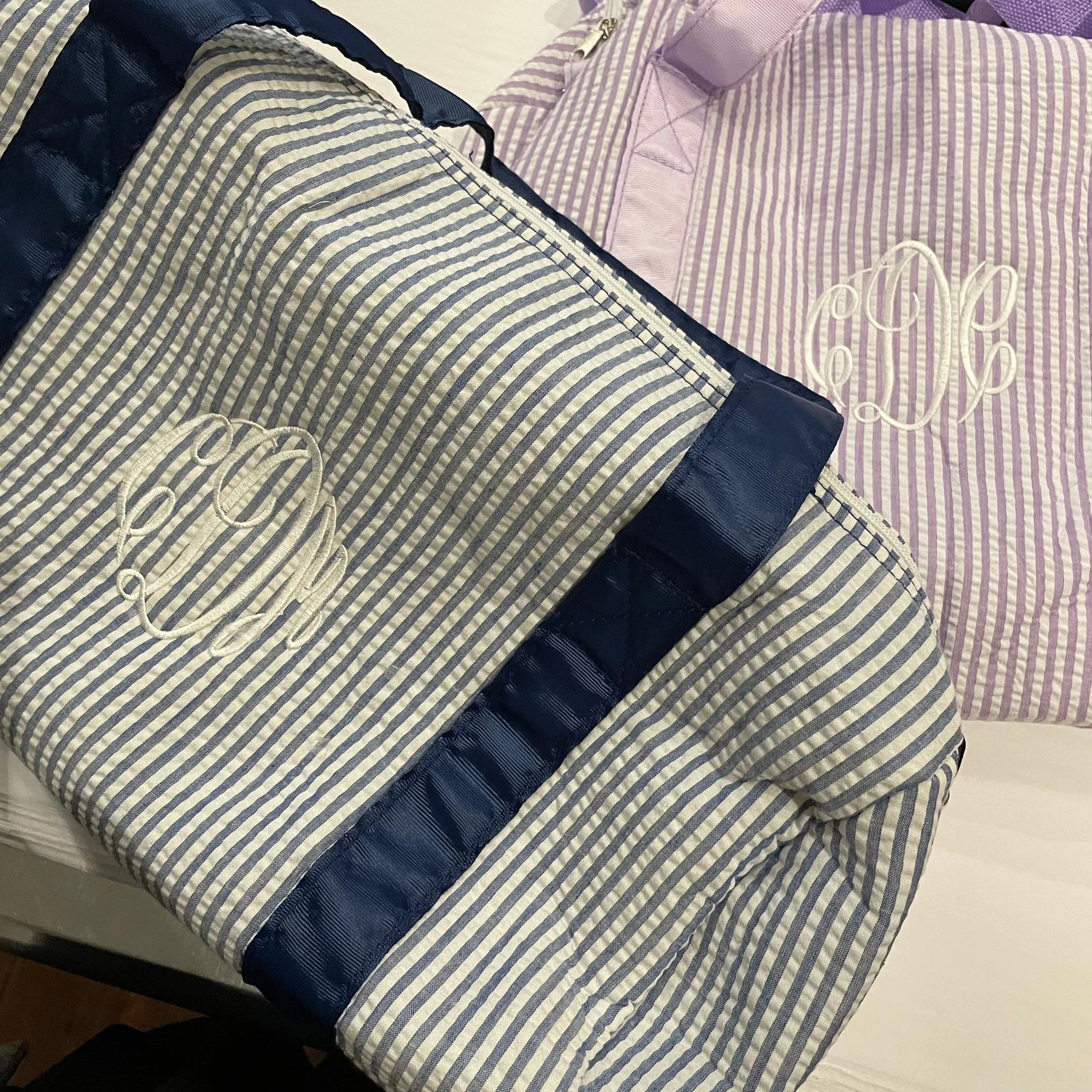 MONOGRAM LT BLUE SEERSUCKER DUFFLE