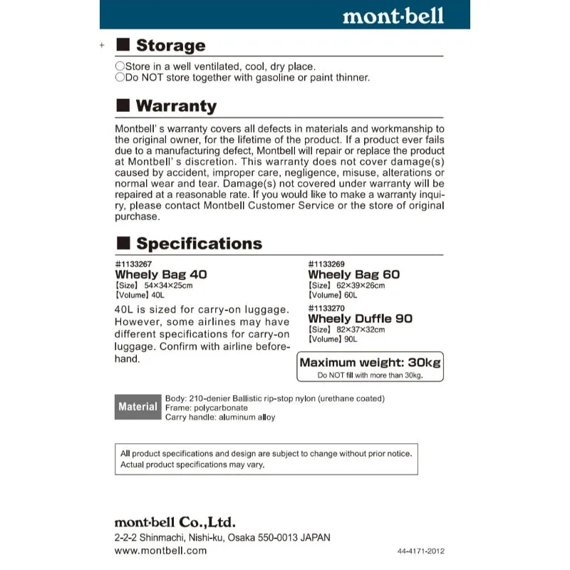 Montbell Wheely Bag 60 litres Luggage