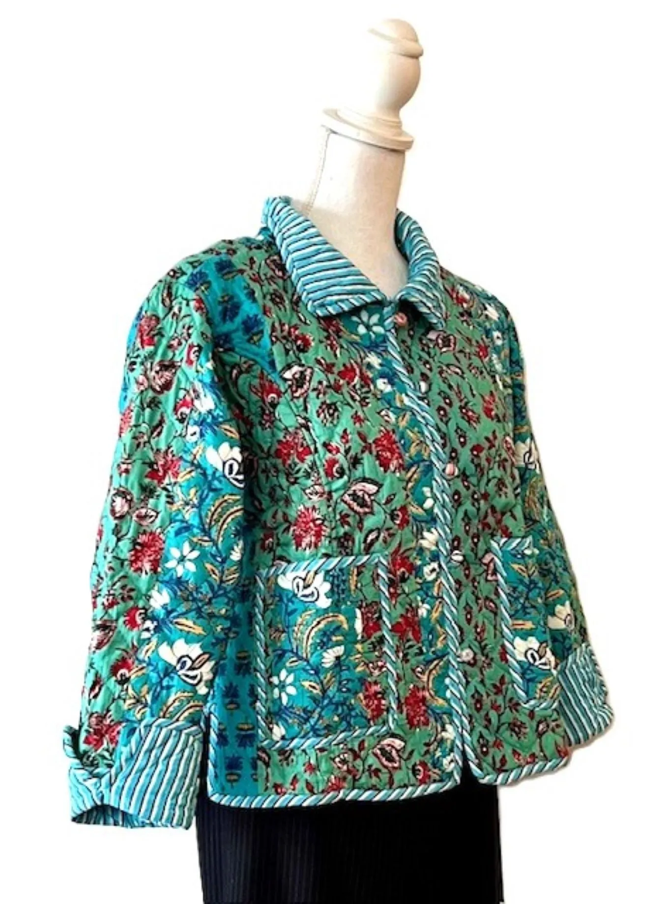 New Style: Collared Reversible Cotton Quilted  Womens Jacket With Stripe Piping. (Turquoise)