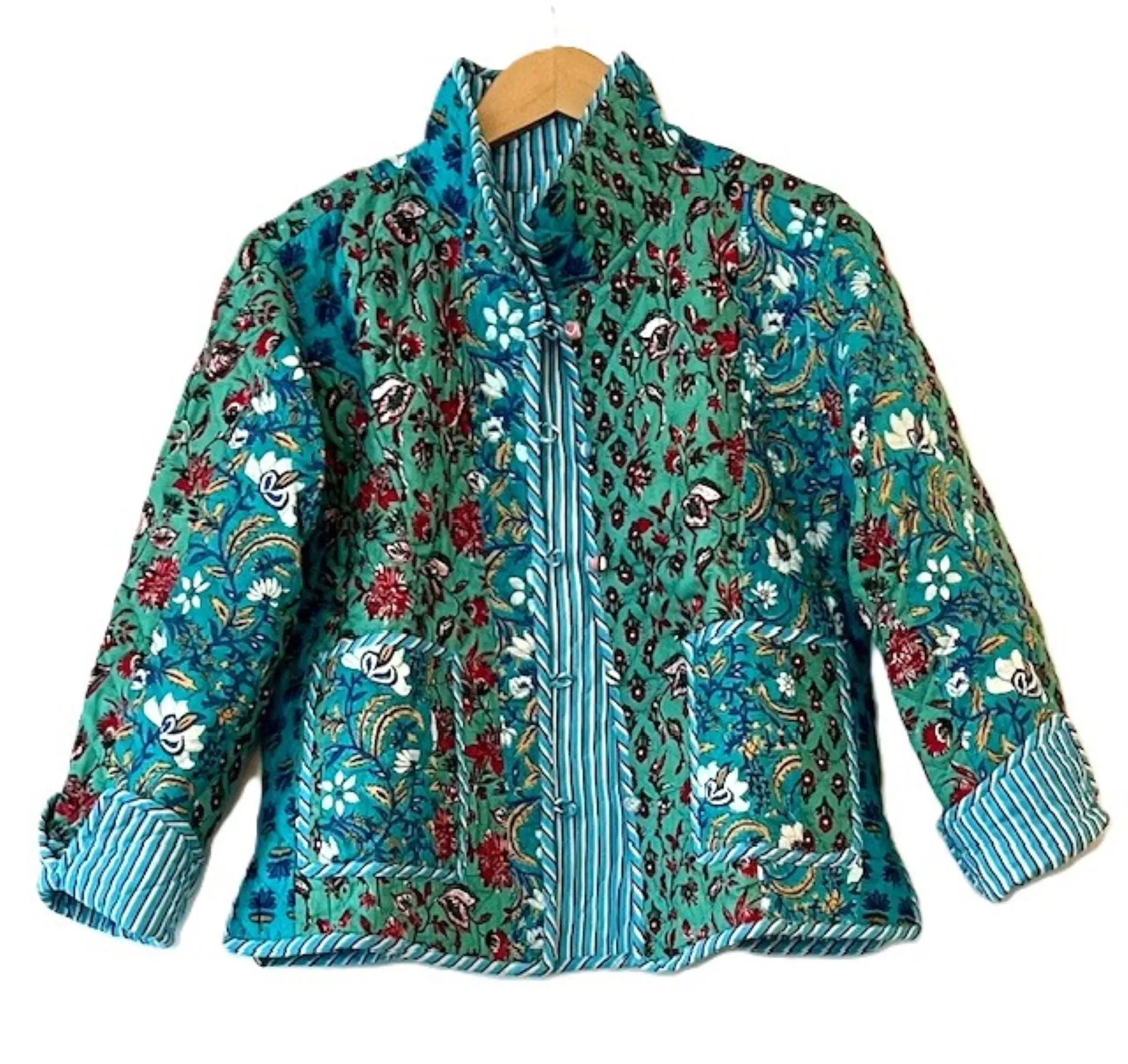 New Style: Collared Reversible Cotton Quilted  Womens Jacket With Stripe Piping. (Turquoise)