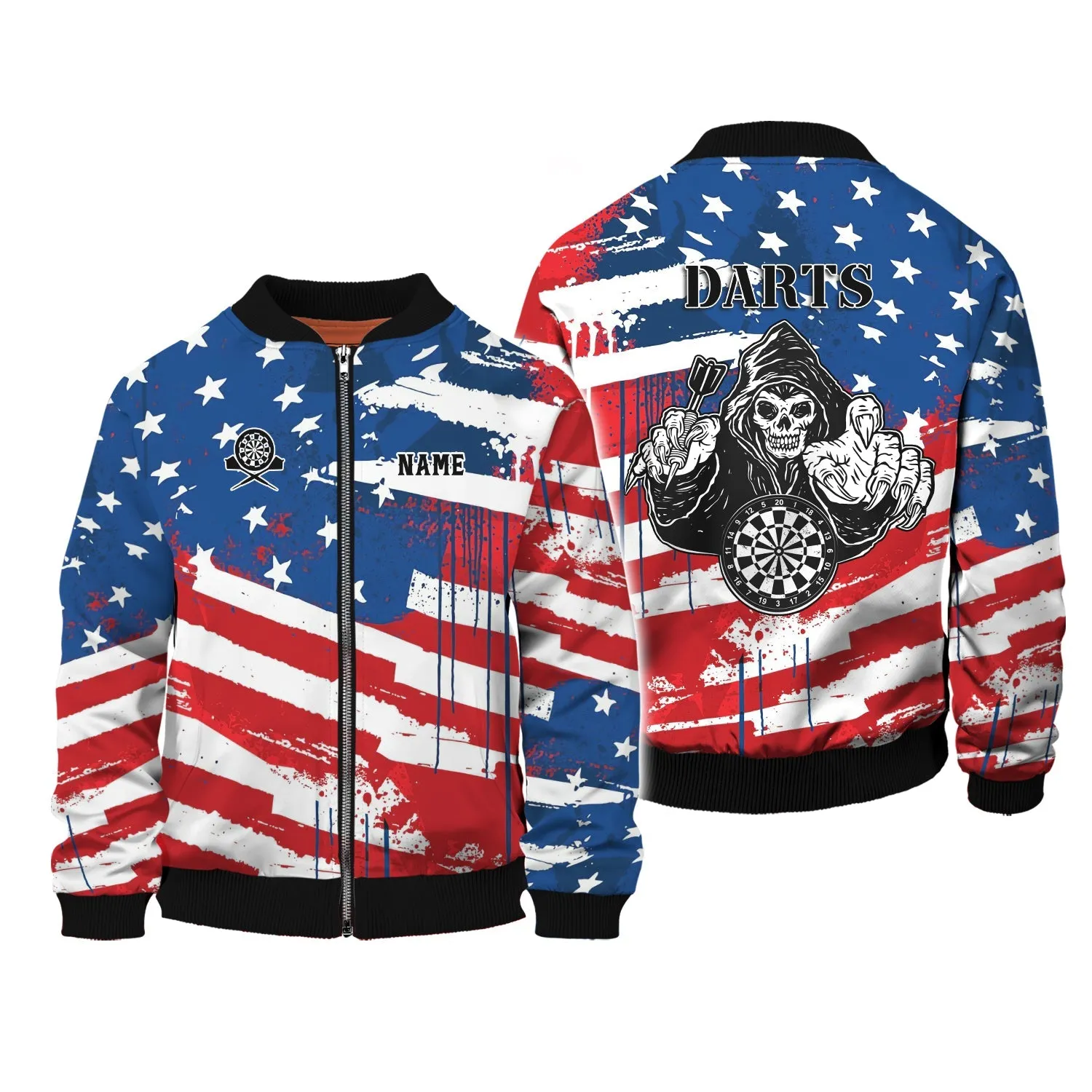 Personalized Name Darts Skeleton USA Flag 3D Printed Shirts, Dart Sweatshirt Hoodie Bomber