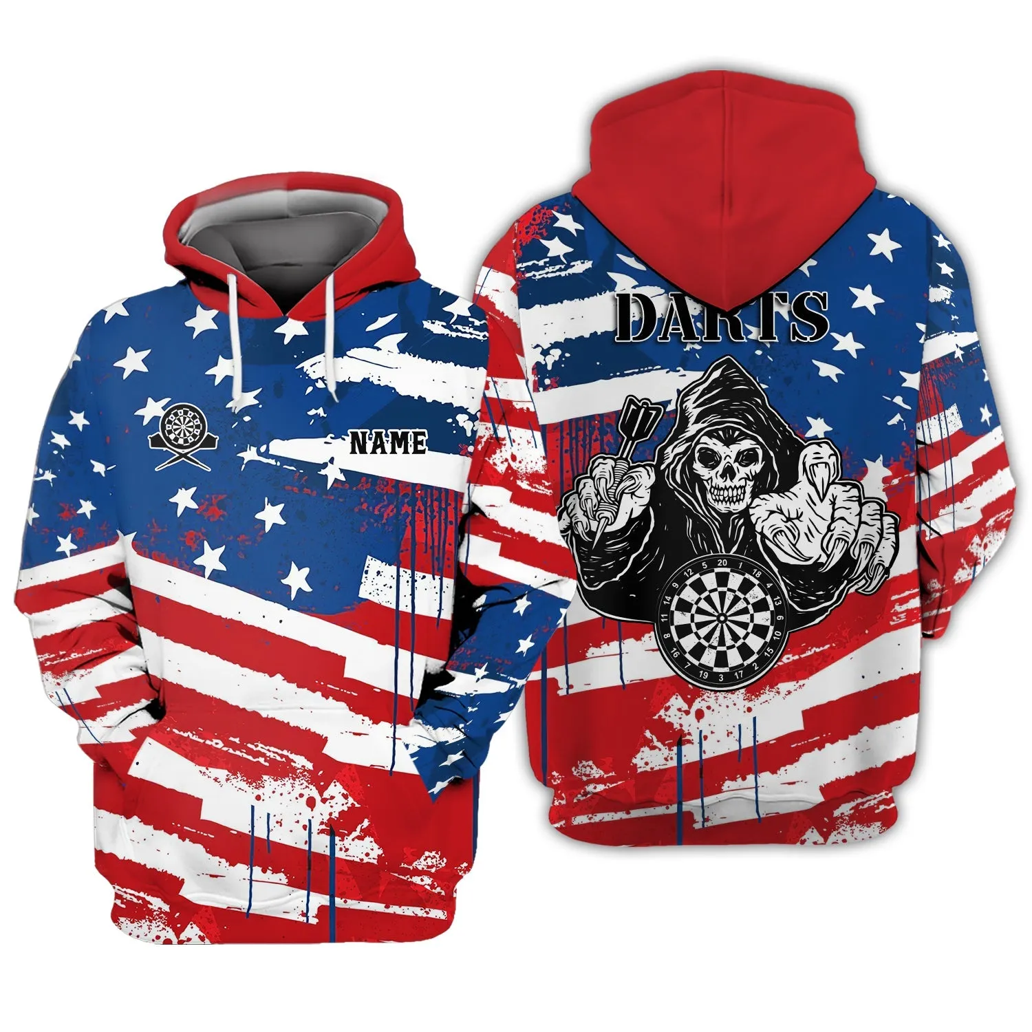 Personalized Name Darts Skeleton USA Flag 3D Printed Shirts, Dart Sweatshirt Hoodie Bomber