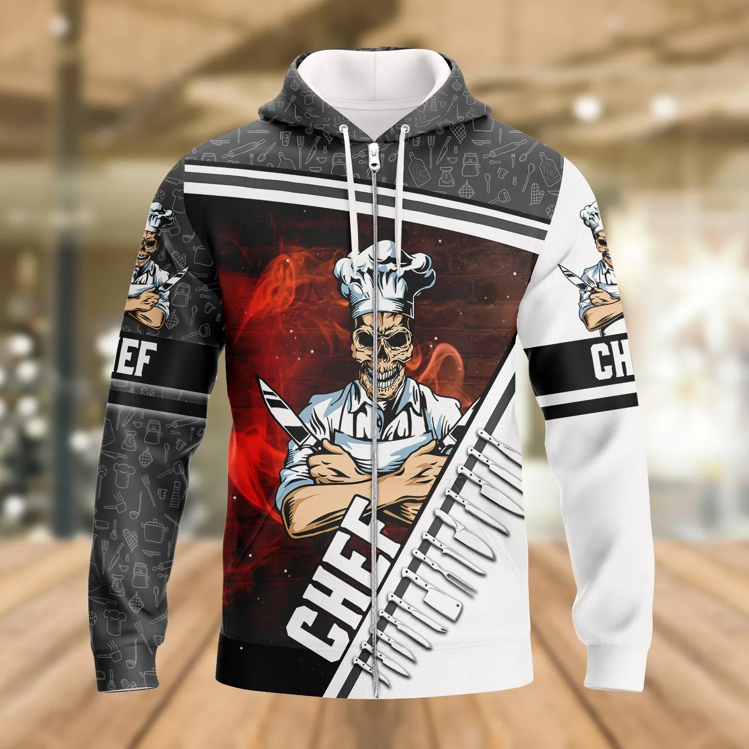 Personalized Name White Chef Skull 3D Sweatshirt Zip Hoodie, Christmas Chef Shirt, Chef Lovers