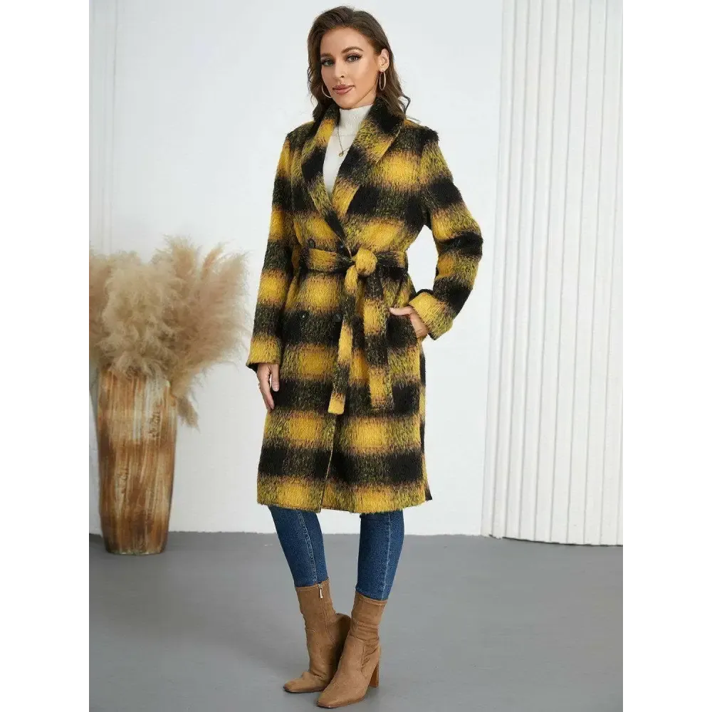 Plaid Tie Waist Long Sleeve Coat in Timeless Luxury Fashion for Women