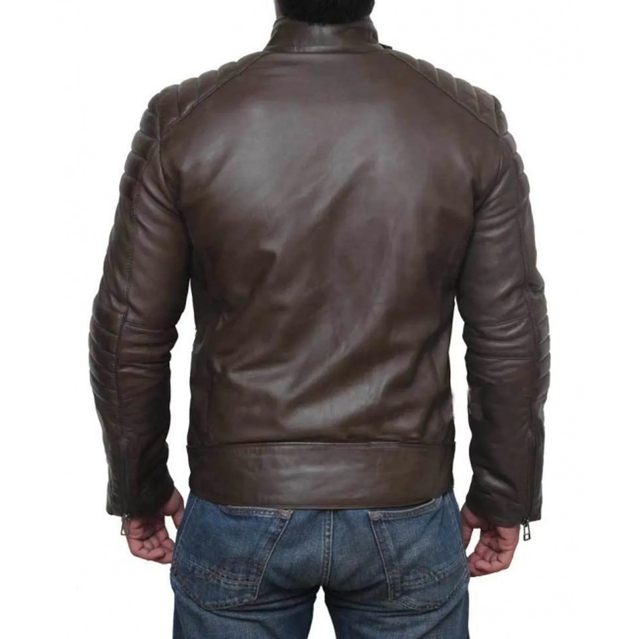 Quilted Genuine Four Zipper Pocket Leather Biker Jacket Men - brown leather jacket