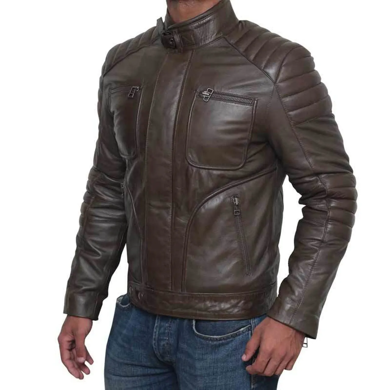 Quilted Genuine Four Zipper Pocket Leather Biker Jacket Men - brown leather jacket