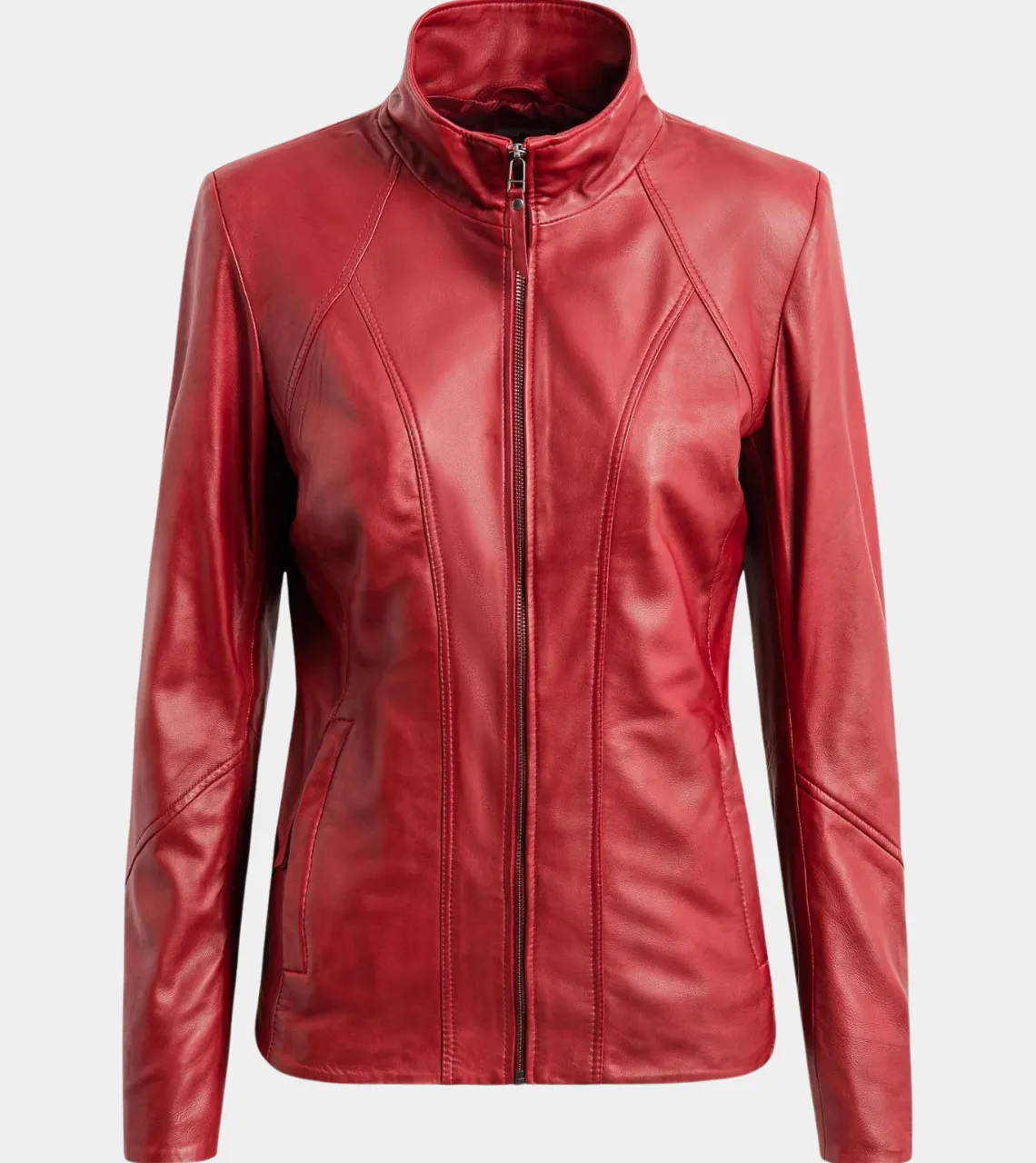 Red Round Collar Women's Biker Leather Jacket