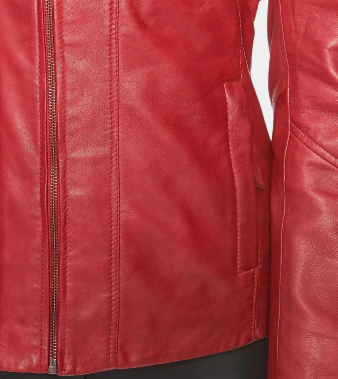 Red Round Collar Women's Biker Leather Jacket