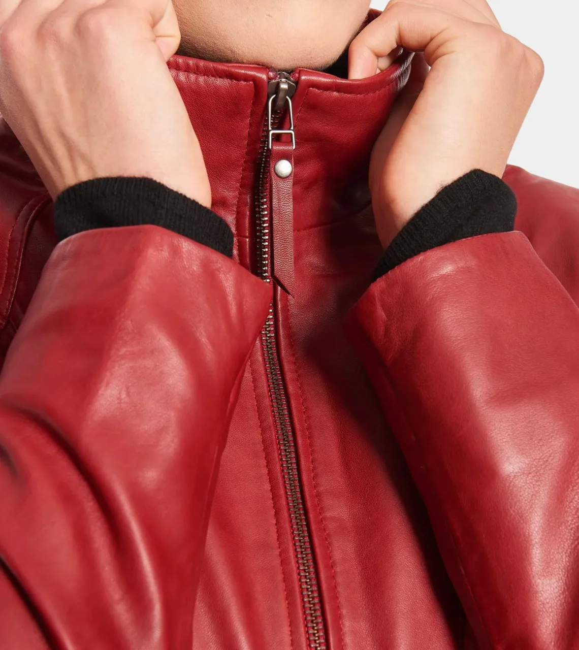 Red Round Collar Women's Biker Leather Jacket