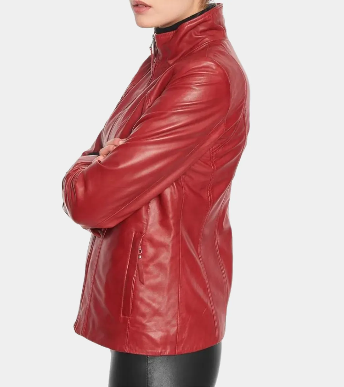 Red Round Collar Women's Biker Leather Jacket