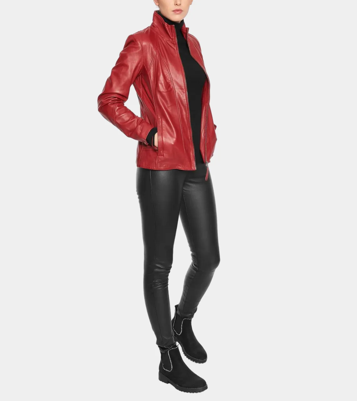 Red Round Collar Women's Biker Leather Jacket