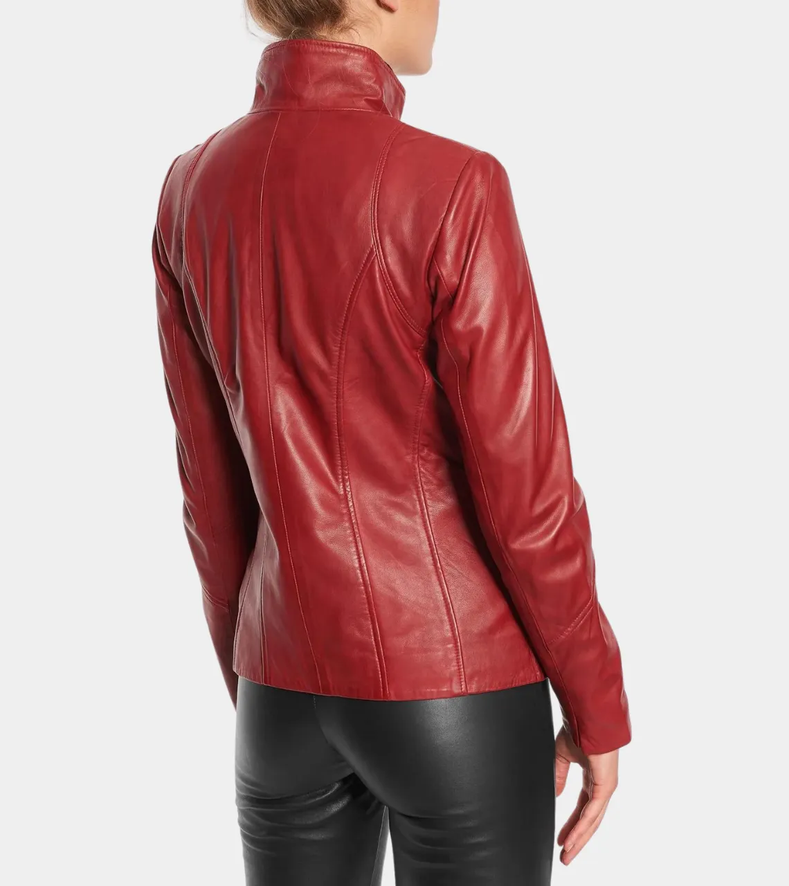 Red Round Collar Women's Biker Leather Jacket