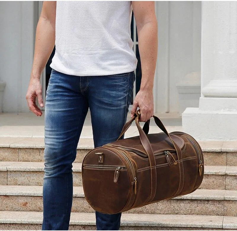 Round  Vintage Leather Duffle Bag Weekender