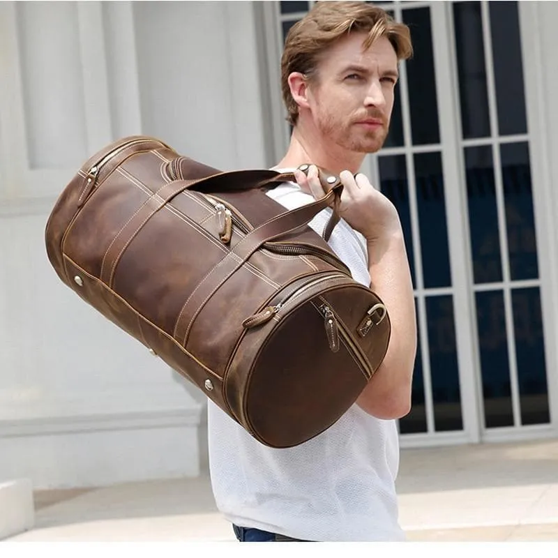 Round  Vintage Leather Duffle Bag Weekender