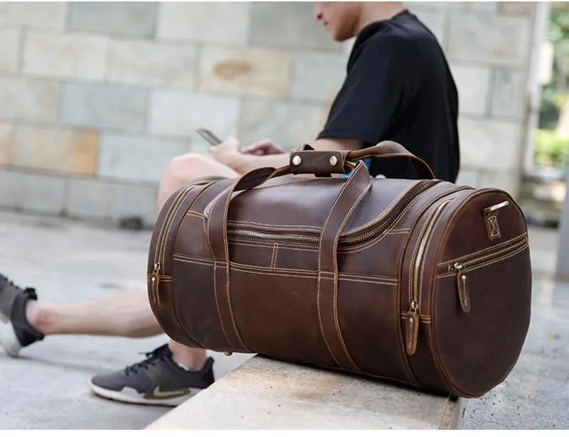 Round  Vintage Leather Duffle Bag Weekender