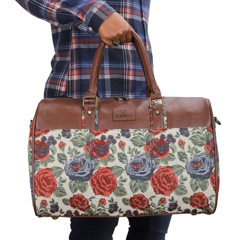 The Clownfish Brooklyn 32 litres Tapestry with Faux Leather Unisex Travel Duffle Bag Luggage Weekender Bag (Red-Floral)