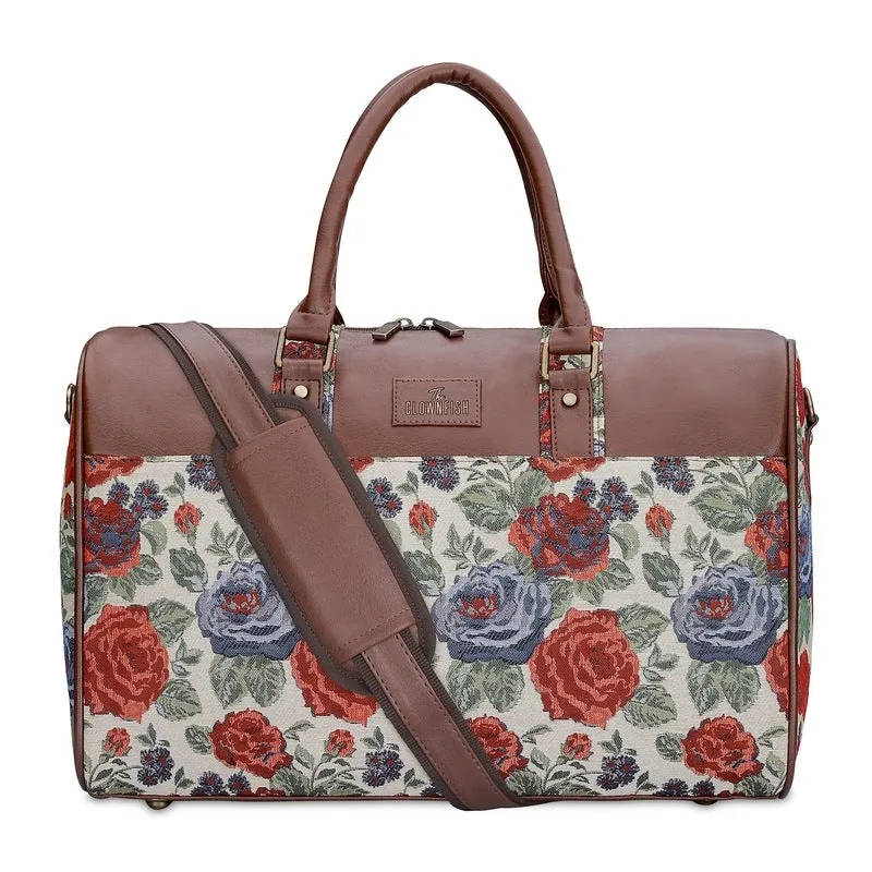 The Clownfish Brooklyn 32 litres Tapestry with Faux Leather Unisex Travel Duffle Bag Luggage Weekender Bag (Red-Floral)