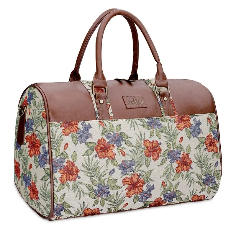 The Clownfish Brooklyn 32 litres Tapestry with Faux Leather Unisex Travel Duffle Bag Weekender Bag (Maroon-Floral)