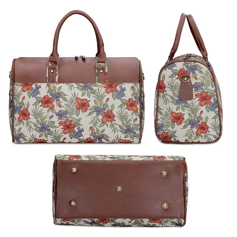 The Clownfish Brooklyn 32 litres Tapestry with Faux Leather Unisex Travel Duffle Bag Weekender Bag (Maroon-Floral)