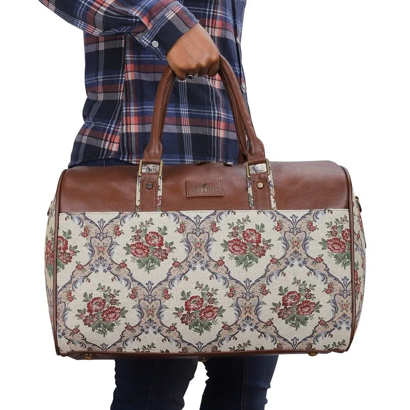 The Clownfish Brooklyn 32 litres Tapestry with Faux Leather Unisex Travel Duffle Bag Weekender Bag (Red-Floral)