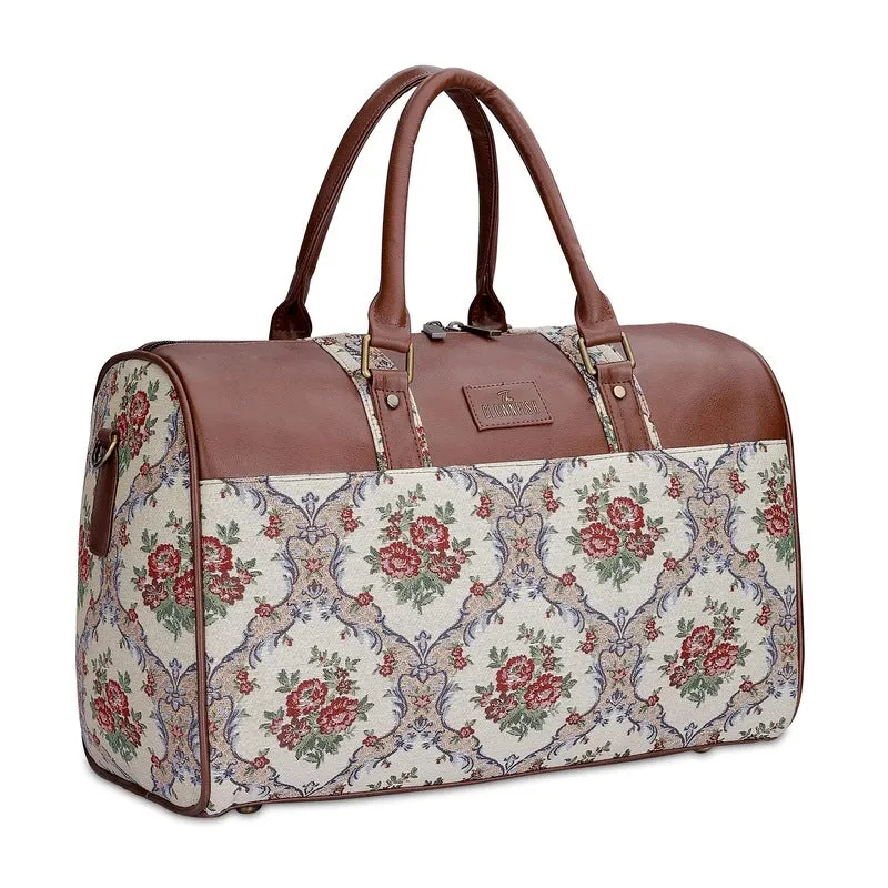 The Clownfish Brooklyn 32 litres Tapestry with Faux Leather Unisex Travel Duffle Bag Weekender Bag (Red-Floral)