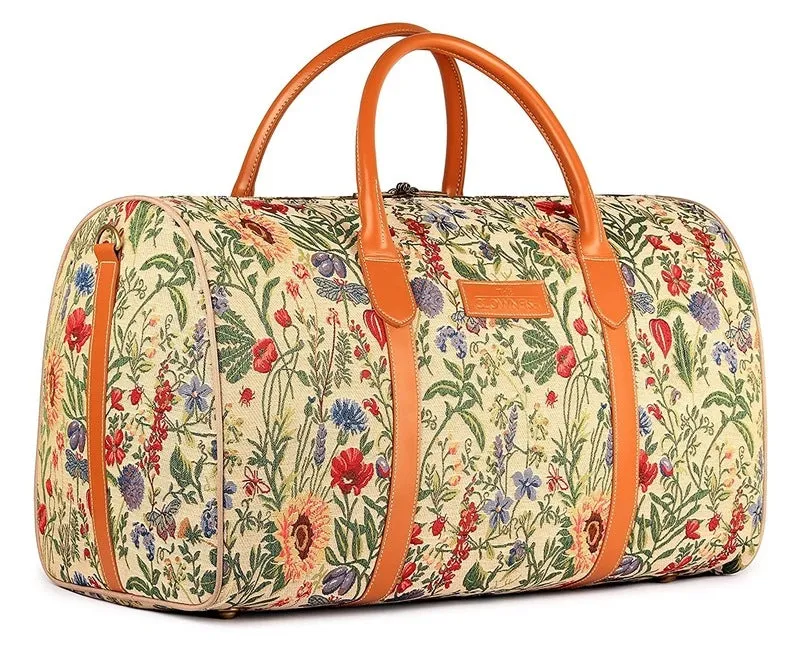 The Clownfish Fabric Blomster Tapestry 44 litres Duffle Bags (Beige, Flax)