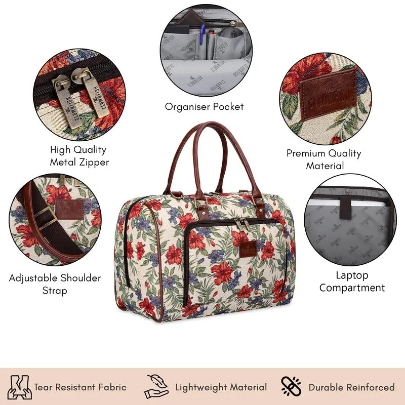 THE CLOWNFISH Fabric Oceania 28 Litres Tapestry Unisex Business Travel Duffle Bag With 15.6 Inch Laptop Sleeve (Maroon-Floral), 24 CM, Multi