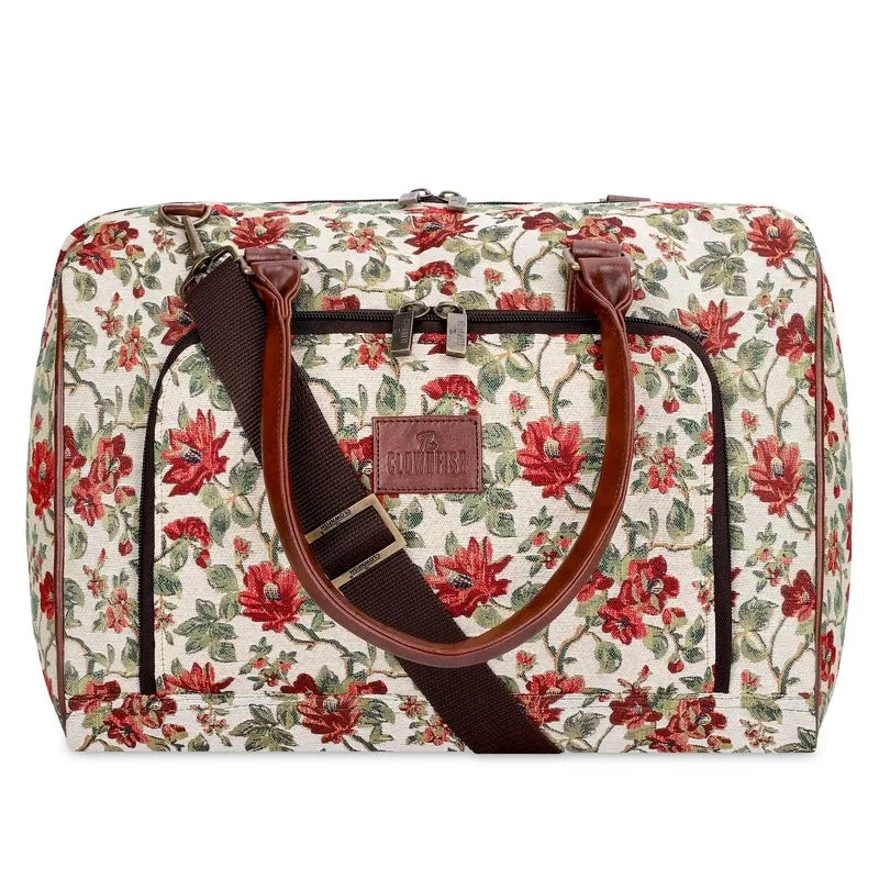 THE CLOWNFISH Fabric Oceania 28 Litres Tapestry Unisex Business Travel Duffle Bag With 15.6 Inch Laptop Sleeve (Off White-Floral), 24 CM, Multicolour