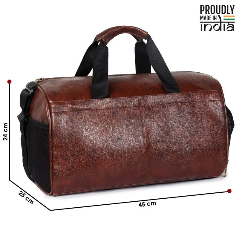 The Clownfish Frolic Duffle Bag - Faux Leather, Shoe Pocket | 27L | Copper Brown