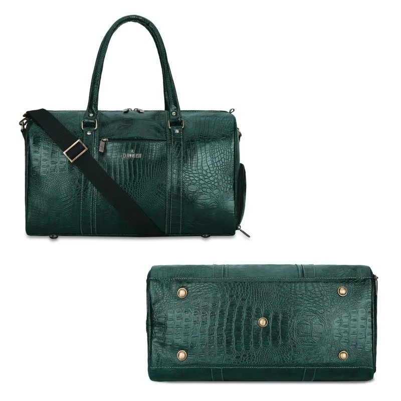 The Clownfish Meadow Series Faux Leather Crocodile Texture 26 Ltr Duffel Bag with Side Shoe Compartment (Forest Green)