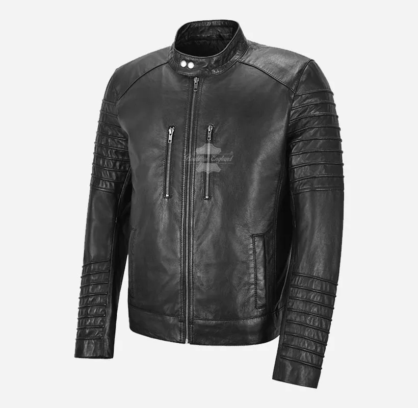 THEO Mens Real Leather Biker Jacket  Black Leather Jacket