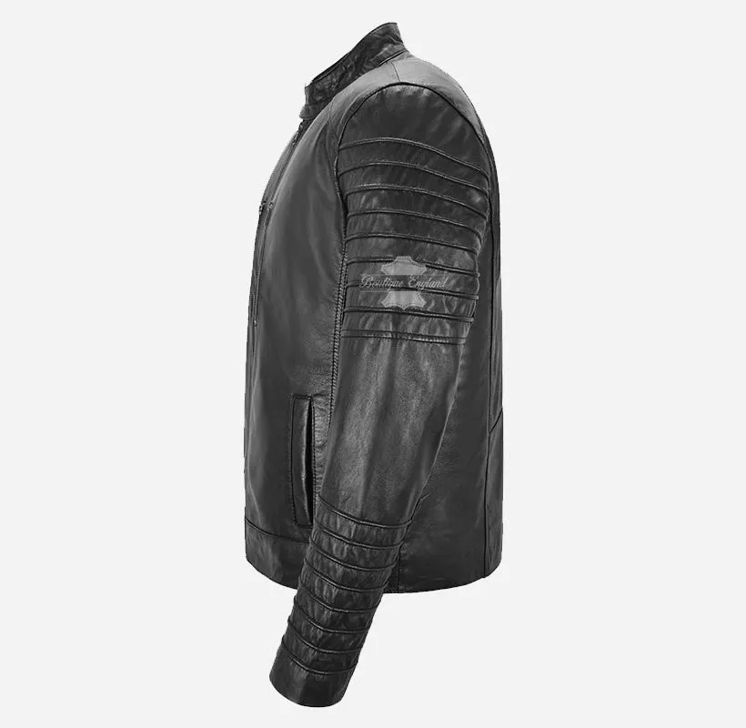 THEO Mens Real Leather Biker Jacket  Black Leather Jacket