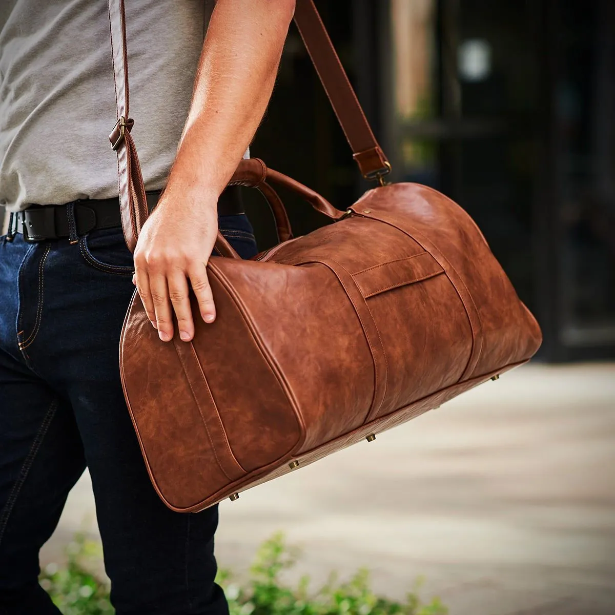 Theodore Mens Duffle Bag, Large Weekend Bag with Suitcase Strap Brown