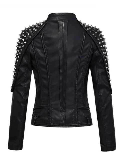 Trendy Silver Spiky Studded Black Leather Jacket for Women