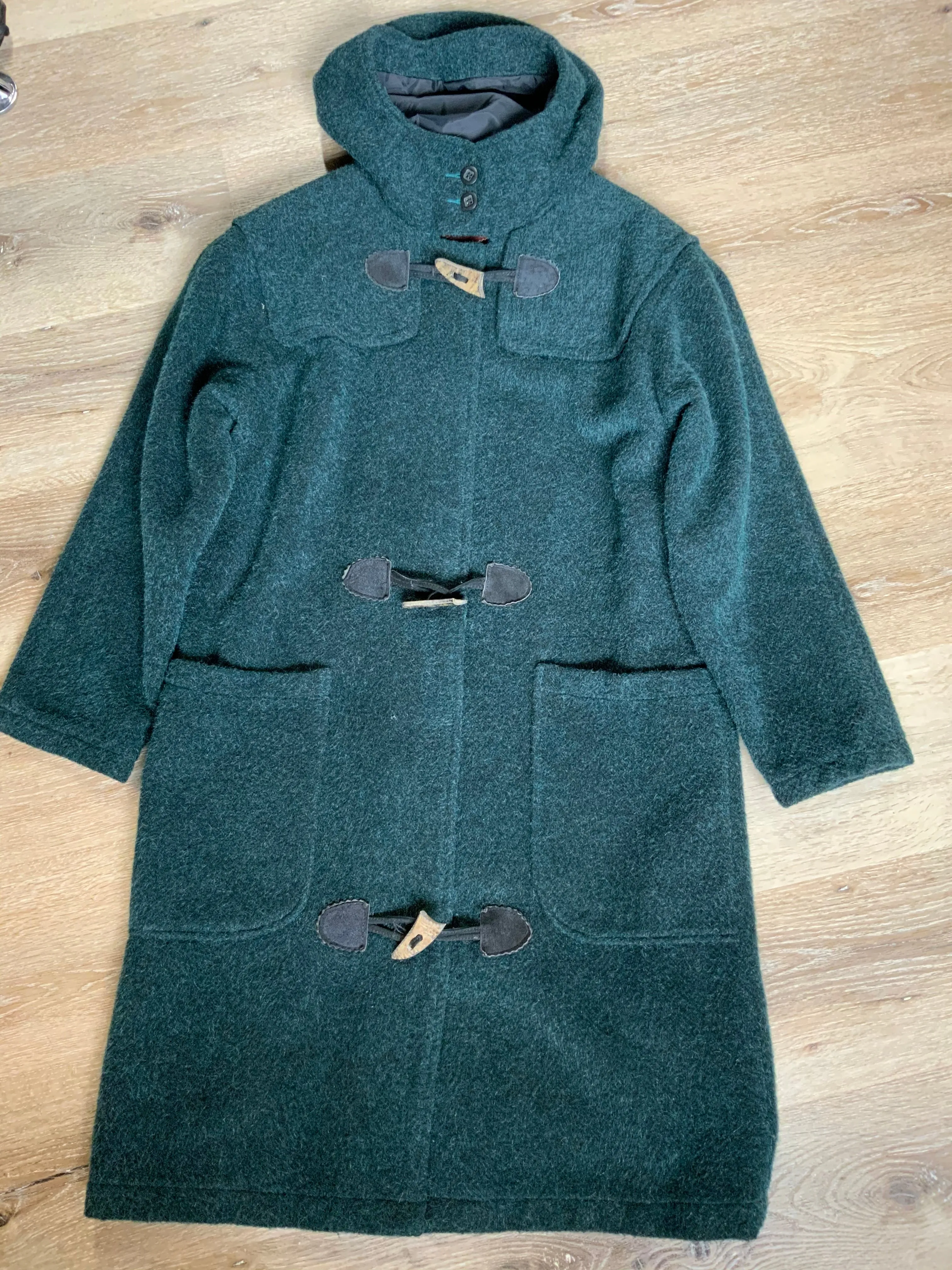 Vintage Woolrich Dark Teal Wool Duffle Coat, Made in USA 43" chest