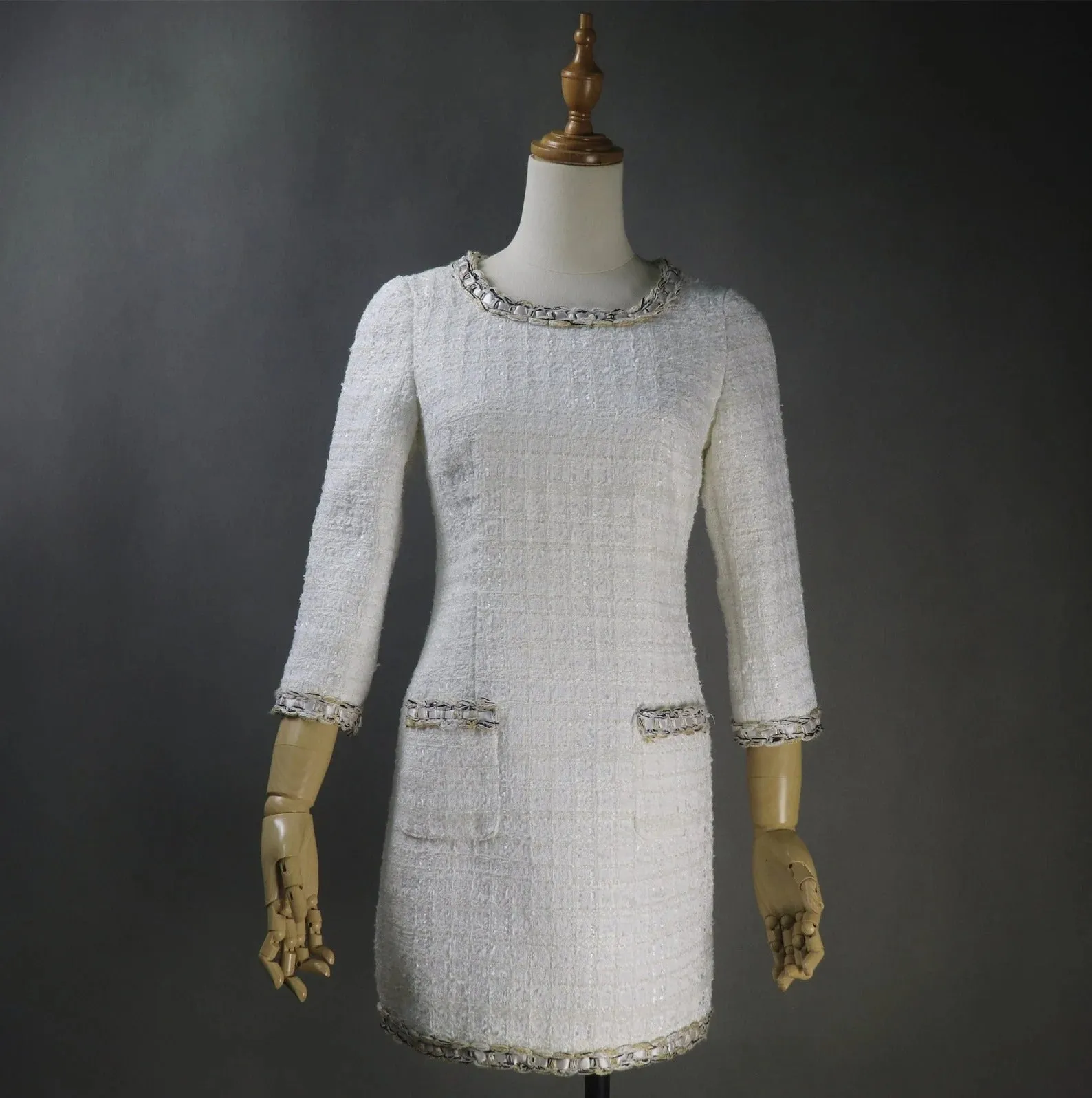 Womens Custom Made Chain Decoration Tweed Formal Business Office Sheath Dress White